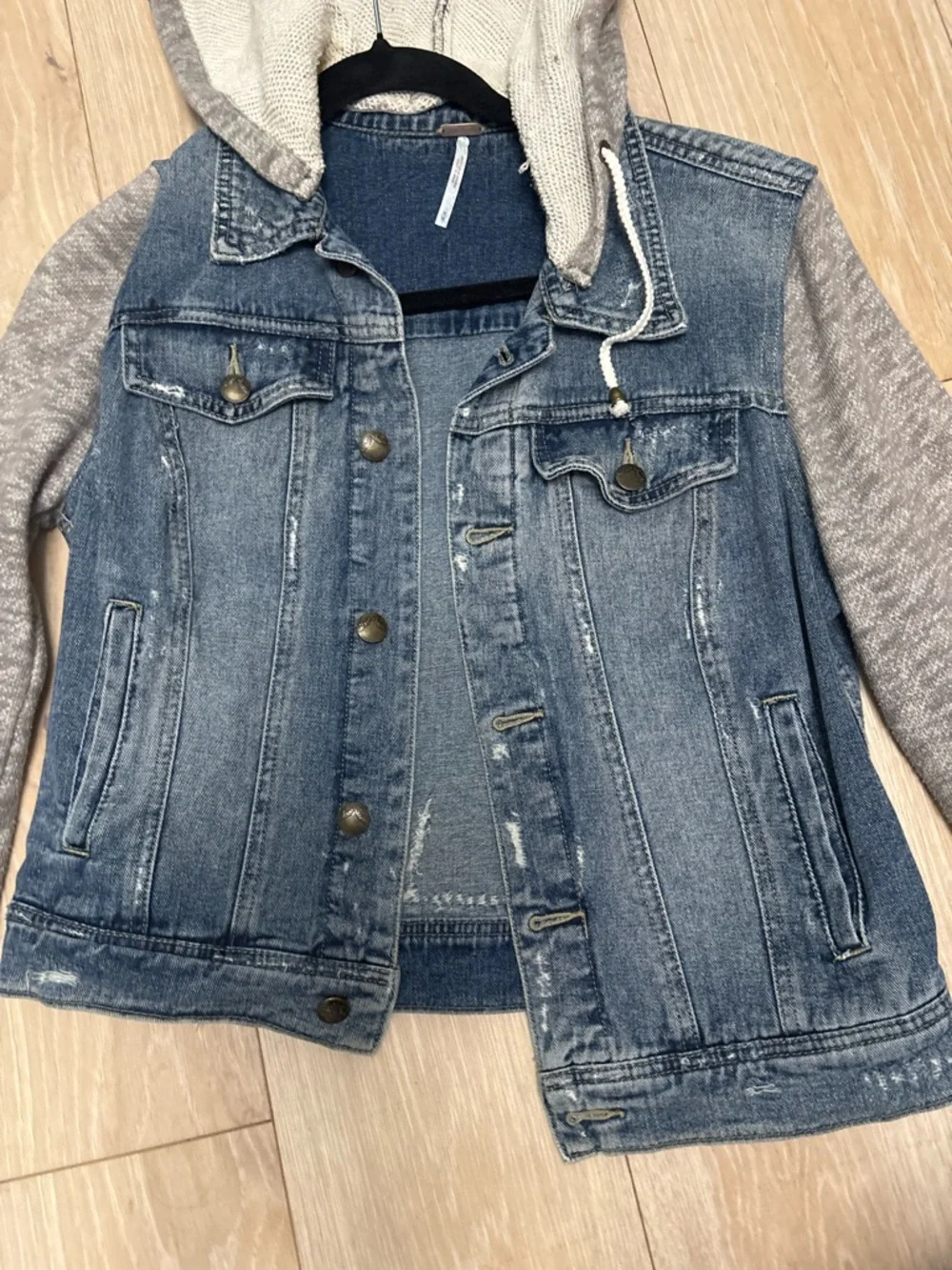 Free People Blue Denim Jacket with Gray Hoodie Sleeves - Picture 2 of 8